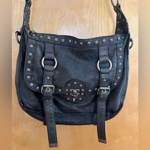 Cynthia Rowley Studded Washed Black Leather Shoulder / Crossbody Bag